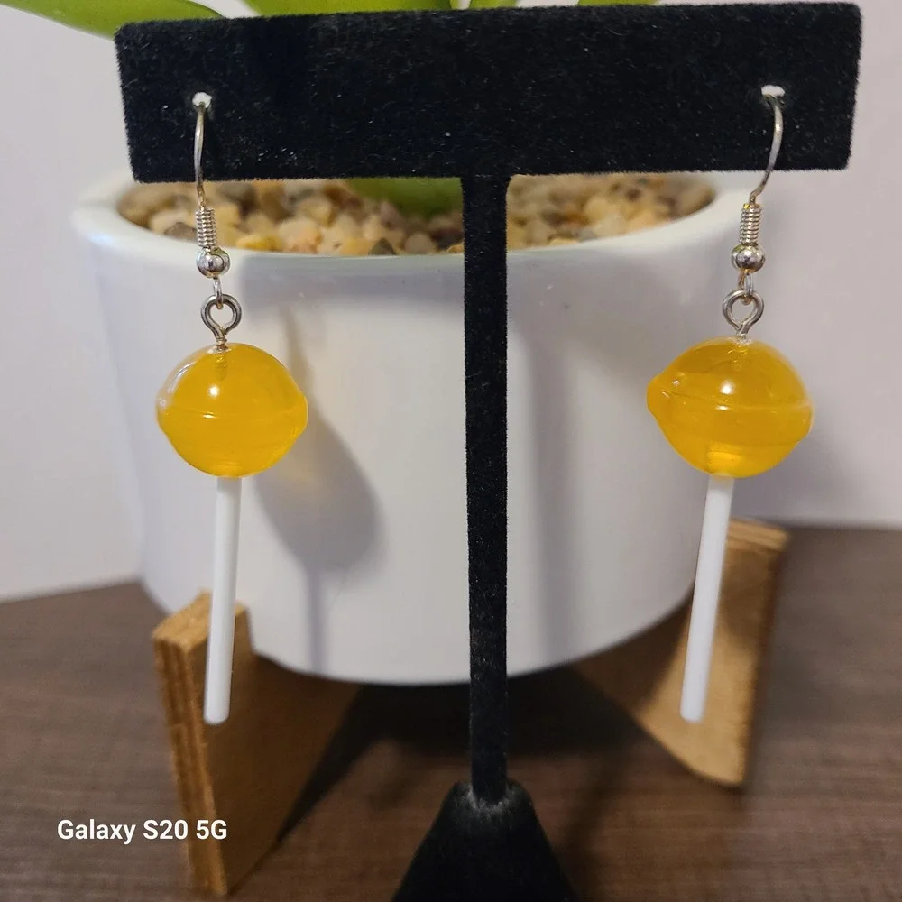 Handmade Yellow Lollipop Dangle‎ Earrings Funky Novelty Jewelry Gift NWOT